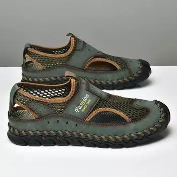 Новые летние сандалии, дышащая мужская обувь, кожаные сетчатые уличные мужские сандалии, нескользящие пляжные сандалии, обувь на плоской подошве 38 чёрный