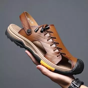 Новые летние сандалии из натуральной кожи, мужская обувь, удобная повседневная обувь для мужчин, нескользящие пляжные сандалии ручной работы, мокасины 38 темно-коричневого