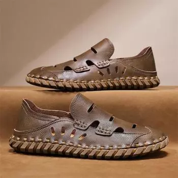 Новые летние сандалии, мужская обувь из мягкой кожи, мужские сандалии, уличные нескользящие пляжные сандалии, обувь на полой обуви, обувь ручной работы 39