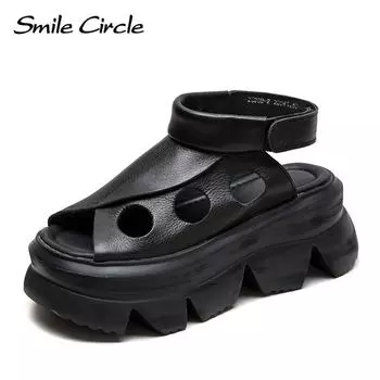 Новые летние сандалии на каблуке «рыбий рот» в стиле ретро, повседневная женская обувь на липучке в Риме 34 чёрный