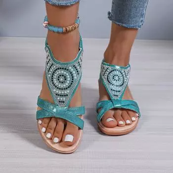 Новые летние сандалии на низком каблуке с открытым носком, женские нескользящие туфли на мягкой подошве в национальном стиле фэн-шуй со стразами больших размеров 35 озеро синий