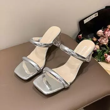 Новые летние сандалии Простые модные удобные квадратные босоножки с кристаллами на толстой подошве 35 шампанского