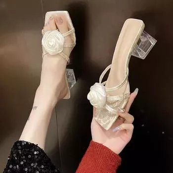 Новые летние сандалии с квадратным носком и узором в китайском стиле на высоком каблуке для женщин 40 чёрный