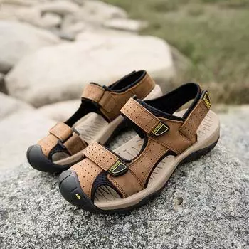 Новые летние сандалии с носком, мужские кожаные модные мужские спортивные пляжные туфли, нескользящая уличная повседневная обувь из воловьей кожи 38 чёрный