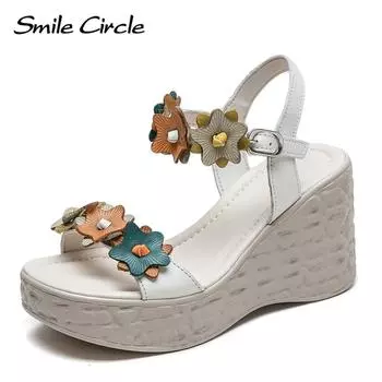 Новые летние сандалии с пряжкой в этническом стиле, удлиняющие сандалии A Word с цветами, темпераментная женская обувь 34 коричневый