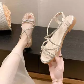 Новые летние сандалии, сандалии на плоской подошве со стразами, женские сандалии с эластичной резинкой и открытым носком, женские сандалии через плечо 37