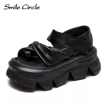 Новые летние сандалии в стиле «рыбий рот» в стиле ретро, удобная женская обувь на толстой подошве с застежкой-липучкой 34 чёрный