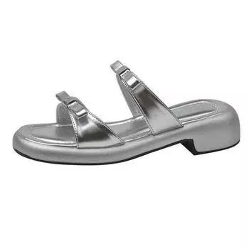 Новые летние серебристые женские модные тапочки с открытым носком, сандалии с бантом, черные женские удобные пляжные туфли 40