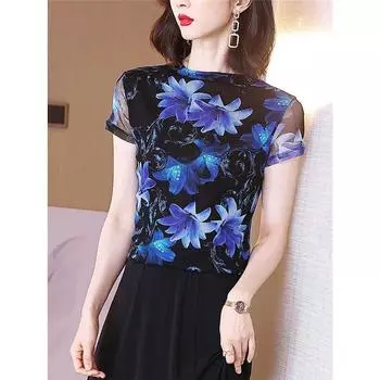 Новые летние сетчатые футболки, женские облегающие рубашки с короткими рукавами, модная верхняя одежда с принтом, топ M-8XL M синий