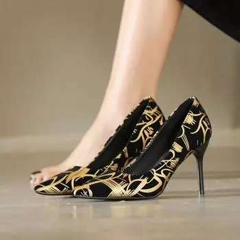 Новые летние сексуальные туфли-лодочки с острым носком в стиле граффити, тонкие женские туфли на высоком каблуке, вечернее платье в стиле гладиатор, роскошные женские туфли, свадебные туфли для невесты 34 золотой