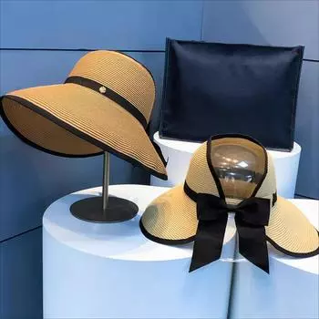 Новые летние соломенные шляпы для женщин, пляжная шляпа с пустым верхом, женская солнцезащитная шляпа с защитой от ультрафиолета, складная шапочка для девочек с бантом M56-58cm бежевый