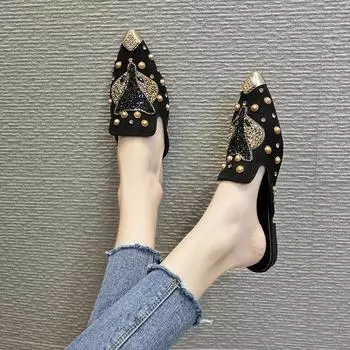 Новые летние стильные дышащие уличные полускользящие тапочки на низком каблуке с металлическим острым носком повседневные модные плоские тапочки для женщин 35