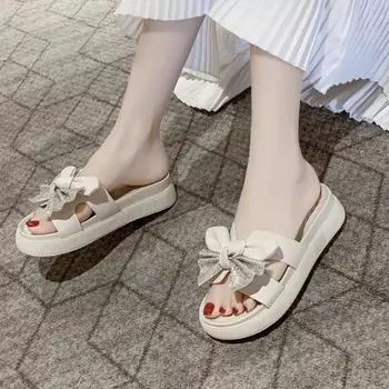 Новые летние стильные модные и элегантные сандалии на платформе с бантом, однотонные легкие шлепанцы на плоской подошве с открытым носком НЕТ:8671 35
