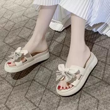 Новые летние стильные модные и элегантные сандалии на платформе с бантом, однотонные легкие шлепанцы на плоской подошве с открытым носком НЕТ:8671 35