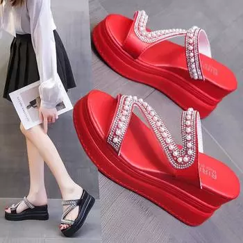 Новые летние стильные модные удобные и универсальные повседневные сандалии со стразами и жемчугом износостойкие тапочки на толстой подошве 34