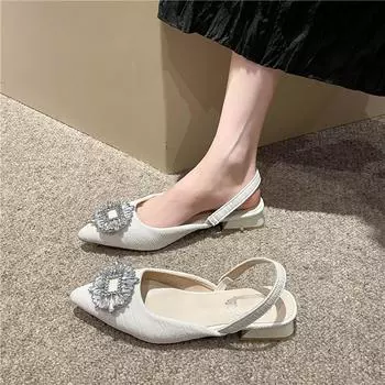 Новые летние стильные модные удобные туфли-лодочки на плоской подошве с острым носком и стразами, темпераментные полусандалии с носком для женщин 41 чёрный