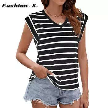 Новые летние свободные футболки с v-образным вырезом в полоску и короткими рукавами для женщин S