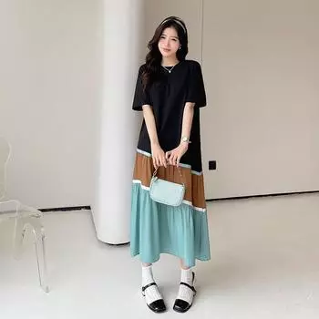 Новые летние свободные платья большого размера с контрастными асимметричными платьями и короткими рукавами L чёрный