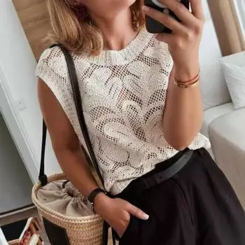 Новые летние свободные повседневные майки без рукавов, женские модные элегантные ажурные сексуальные короткие майки, женские майки, элегантный ретро-тонкий жилет с круглым вырезом 26202 S белый
