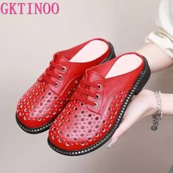 Новые летние тапочки из натуральной кожи с круглым носком, повседневные сандалии, тапочки на низком каблуке, женские сандалии большого размера 42