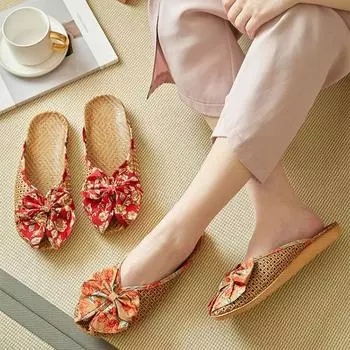 Новые летние тапочки из плетеной соломы и льна 36 оранжевый