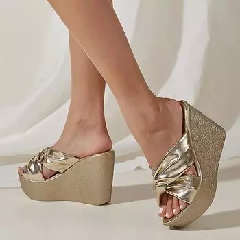 Новые летние тапочки на высоком каблуке на платформе, женские уличные повседневные сандалии на танкетке с открытым носком, женские туфли без каблуков, туфли-лодочки золотого цвета 36 белый