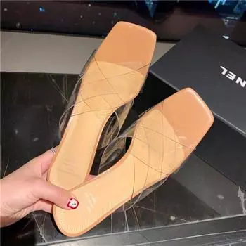 Новые летние тапочки, женские модные квадратные босоножки с кристаллами и одним словом, прозрачные ремешки, противоскользящие, сандалии на грубом каблуке 35