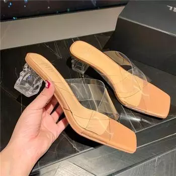 Новые летние тапочки, женские модные квадратные босоножки с кристаллами и одним словом, прозрачные ремешки, противоскользящие, сандалии на грубом каблуке 35