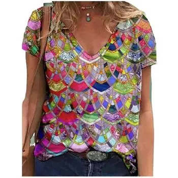 Новые летние топы 2025 года, женские футболки с принтом, повседневные, с коротким рукавом и V-образным вырезом, женские футболки, размер 4XL 5XL S