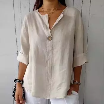 Новые летние топы, свободные повседневные рубашки с V-образным вырезом, женские хлопковые и льняные блузки с рукавом семь четвертей, женские элегантные узкие рубашки-пуловеры 26456 S белый