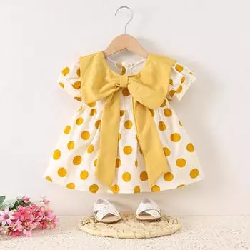 Новые летние товары, хлопковое платье с короткими рукавами для девочки, большой лацкан, юбка в горошек 73cm жёлтый