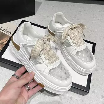 Новые летние туфли для скейтборда, женские модные белые туфли с низким вырезом и круглой головкой, шикарные дышащие повседневные женские туфли с сеткой 35