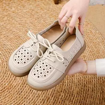 Новые летние туфли из натуральной кожи, женские сандалии на плоской подошве, модные брендовые женские сандалии с дышащими отверстиями, черные, бежевые, коричневые, большой размер 41 35 бежевый