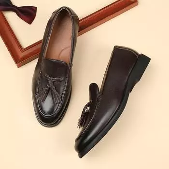 Новые летние туфли-лоферы Slip-on Slip-on, мужские деловые туфли из кожи с кисточками, мужские туфли из коровьей кожи с верхним слоем 40 чёрный