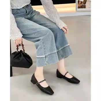 Новые летние туфли Мэри Джейн из мягкой кожи с квадратным носком, женственные и универсальные, с ремешком на одной пряжке, с открытой союзкой 35 чёрный