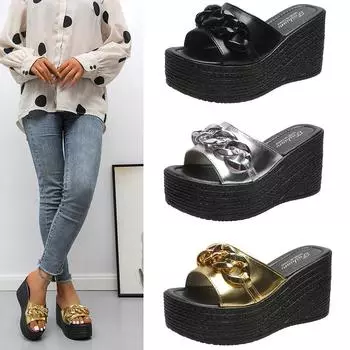 Новые летние туфли на платформе, женские туфли на высоком каблуке, гладиаторские сандалии на танкетке, женские повседневные шлепанцы с цепочкой, большие размеры 35-43 35 золотой