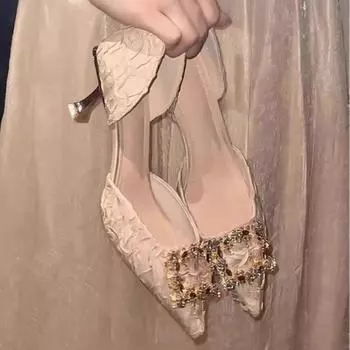 Новые летние туфли на высоком каблуке с кристаллической пряжкой, женские свадебные туфли из розового шелка с водными бриллиантами 35