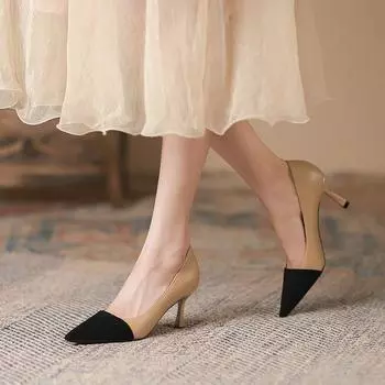 Новые летние туфли на высоком каблуке в корейском стиле с цветными блоками, туфли-лодочки на шпильке, женские пригородные туфли с острым носком и острым носком 34