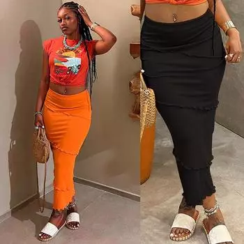 Новые летние юбки трапециевидной формы с запахом на бедрах для женщин, однотонные, с эластичной резинкой на талии, лоскутная женская одежда, юбки S чёрный