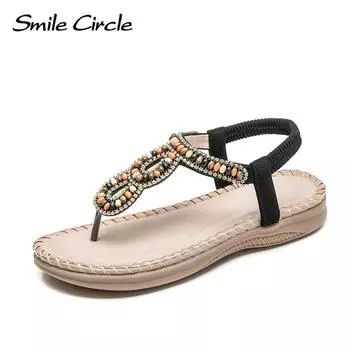 Новые летние удобные босоножки на клипсах в богемном стиле на плоской подошве с узором «елочка», женская обувь «Сказочный темперамент» 35 чёрный