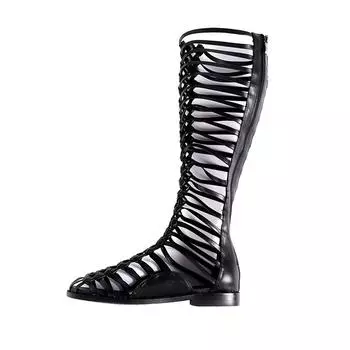 Новые летние высокие кожаные сетчатые ботинки женские на плоской подошве с вырезами на задней молнии крутые ботинки плетеные длинные сандалии 35