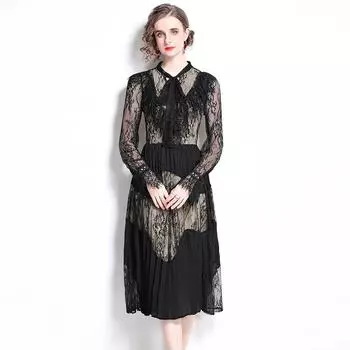 Новые летние женские элегантные черные кружевные лоскутные сексуальные вечерние платья женские плиссированные платья миди с длинными рукавами S чёрный