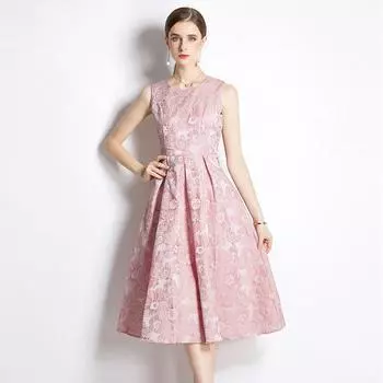 Новые летние женские элегантные вечерние платья с жаккардовым цветком и круглым вырезом без рукавов, вечерние платья миди