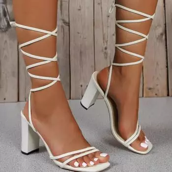 Новые летние женские белые элегантные однотонные туфли с квадратным носком на высоком каблуке с открытым носком, модные сексуальные римские сандалии для банкета 35