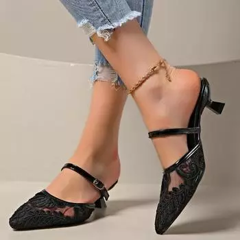 Новые летние женские босоножки на высоком каблуке с острым носком во французском британском стиле с сетчатым кружевом и закрытым носком, большие размеры, однотонные каблуки для женщин 35 чёрный