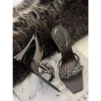 Новые летние женские босоножки на высоком каблуке с крестообразным ремешком и стразами, квадратные босоножки с открытым носком, шелковые сексуальные туфли-шпильки на высоком каблуке-мюли 35