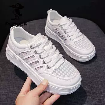 Новые летние женские дышащие туфли с полой сеткой, туфли для доски, женские повседневные спортивные белые туфли на шнуровке с круглым носком 35