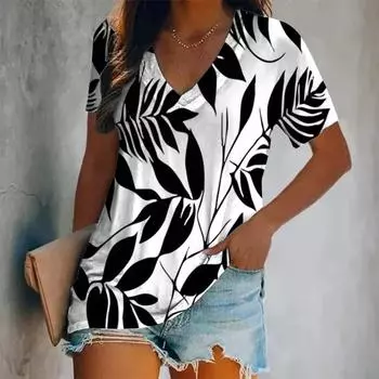 Новые летние женские футболки с рисунком листьев, модные топы с V-образным вырезом, футболки, женская винтажная одежда с коротким рукавом, женская уличная одежда S