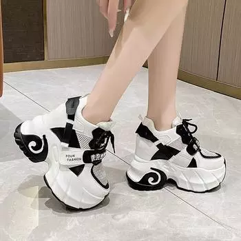 Новые летние женские кроссовки на толстой подошве из дышащей сетки, повседневная обувь на танкетке 10 см, туфли на платформе, женские спортивные туфли для папы 35