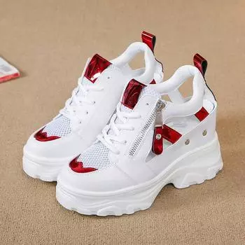Новые летние женские кроссовки, сетчатые кроссовки на высокой платформе, белые туфли, босоножки на танкетке на каблуке 9 см, дышащая женская повседневная уличная обувь 34 красный